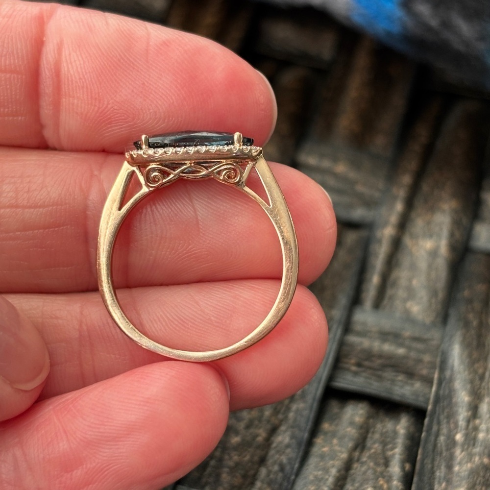 14k rose gold ring with London blue topaz and natural diamond halo. - Picture 9 of 11